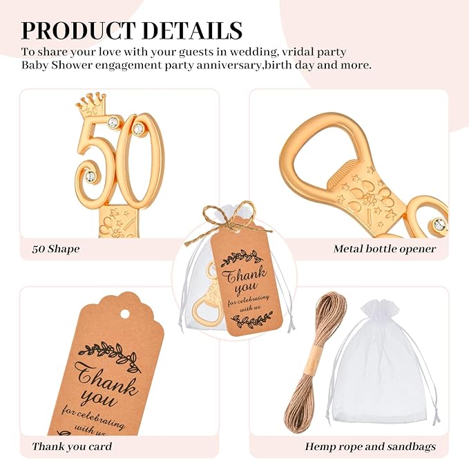 50Pcs 50th Birthday Bottle Opener Set, 50th Golden Bottle Openers Birthday Personalized Party Favors 50th Wedding Anniversaries Souvenirs Favors for Guests Gifts Decorations（50th）
