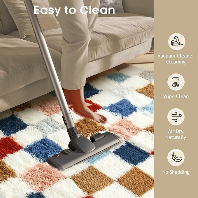 Ophanie Checkered Rainbow Rug for Living Room Bedroom, Colorful Fluffy Soft Cute Fuzzy Area Rugs, Shag Plush Shaggy Bedside Floor 4x6 Furry Carpet for Kids Baby Teen Dorm Nursery Home Decor Aesthetic