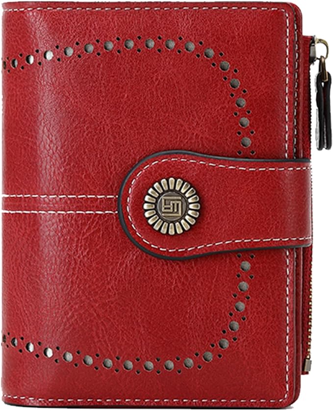 Women's Small Genuine Leather Bifold Wallet Large Capacity RFID Blocking with 16 Card Slots 2 ID Windows and Zipper Coin Pocket Pink (Red)