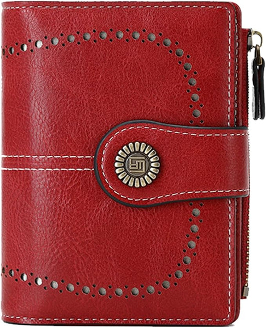 Women's Small Genuine Leather Bifold Wallet Large Capacity RFID Blocking with 16 Card Slots 2 ID Windows and Zipper Coin Pocket Pink (Red)
