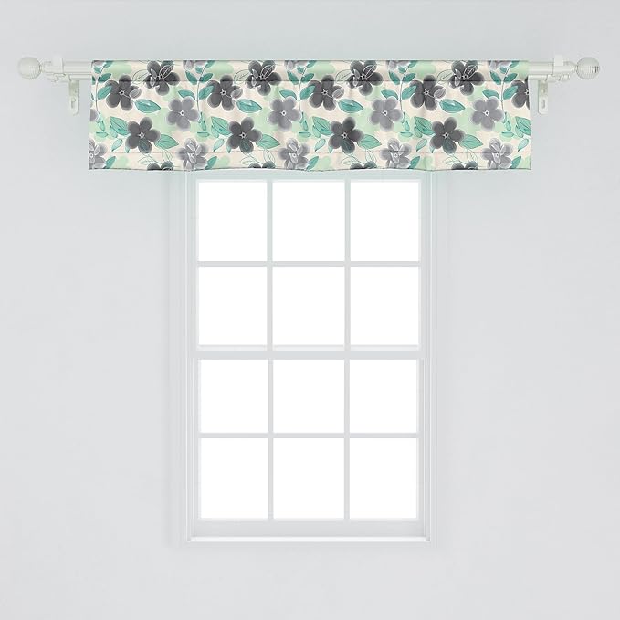 Ambesonne Floral Window Valance Pack of 2, Abstract Nostalgia Pattern with Retro Blooms and Leaves Romantic, Rod Pocket Curtain Valances for Kitchen Bedroom, 54" X 12", Charcoal Grey Mint Green