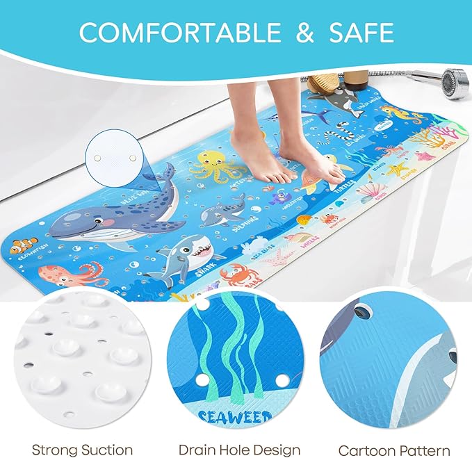 SHUCHING Ocean Animals Bath Mat for Tub Non Slip-40 X 16 Inch, Baby Kids Bathtub Mat Non Slip, Toddler Long Shower Mat for Bathroom