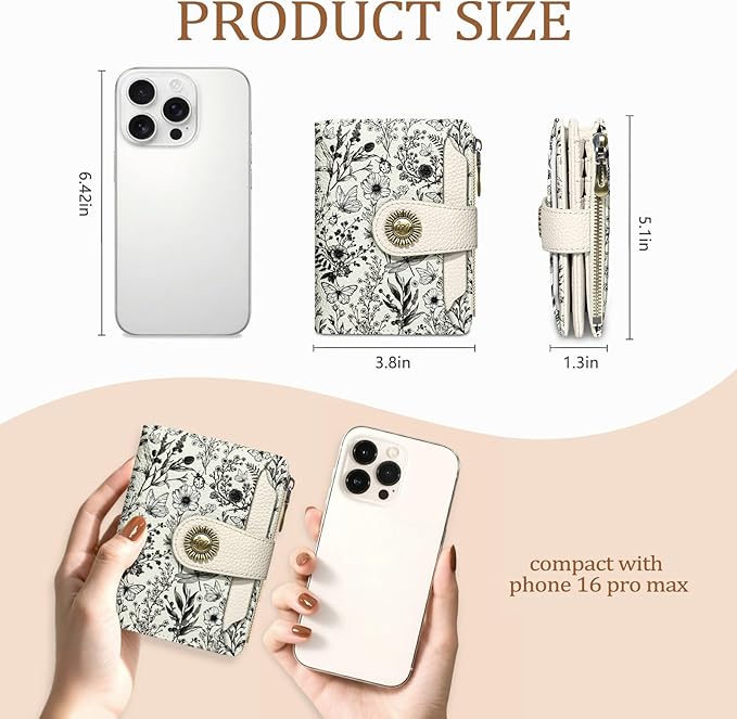 Flowers Floral Small Wallet Women RFID Blocking Bifold, Credit Card Holder, Zipper Coin Pocket, PU Leather, Compact, Travel, 4 ID Window, 14 Card Slots, Cash Purse, Ladies Woman Female Girls
