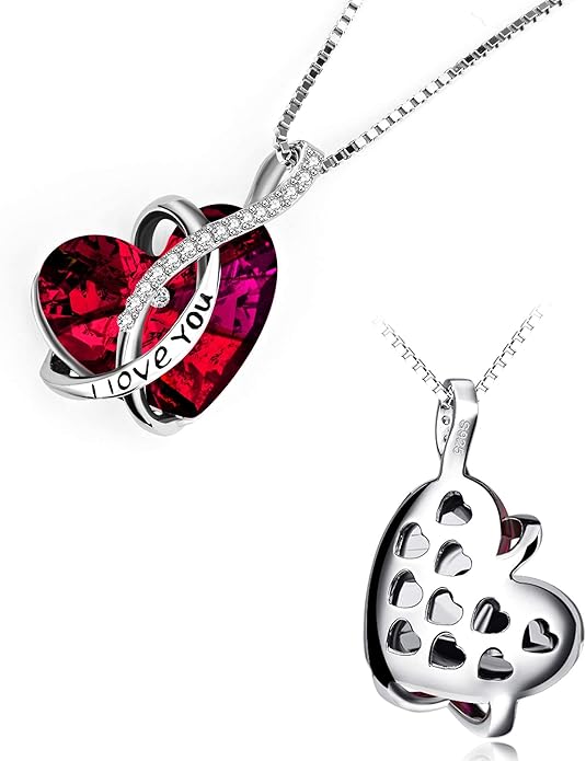 AOBOCO I Love You Sterling Silver 12 Birthstone Heart Pendant Necklace Embellished with Crystals from Austria, Mother's Day Anniversary Birthday Jewelry Christmas Gifts for Women Grandma Nana
