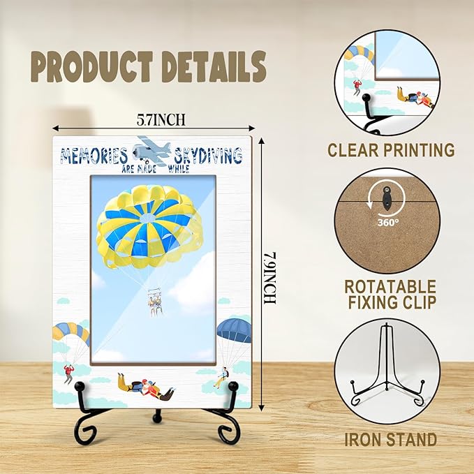 Skydiving Themed Photo Frame, Vacation Souvenir Gift for Sky-High-Thrill Seeker, Keepsake for Skydivers, 4x6 Wooden Picture Frame with Iron Stand for Tabletop Desktop Display, Home Table Decor -044
