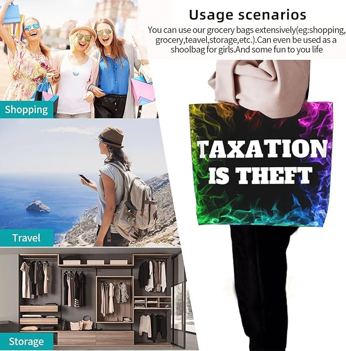 Taxation is Theft Large Reusable Eco-friendly Shopping Bags Portable Storage Handbag