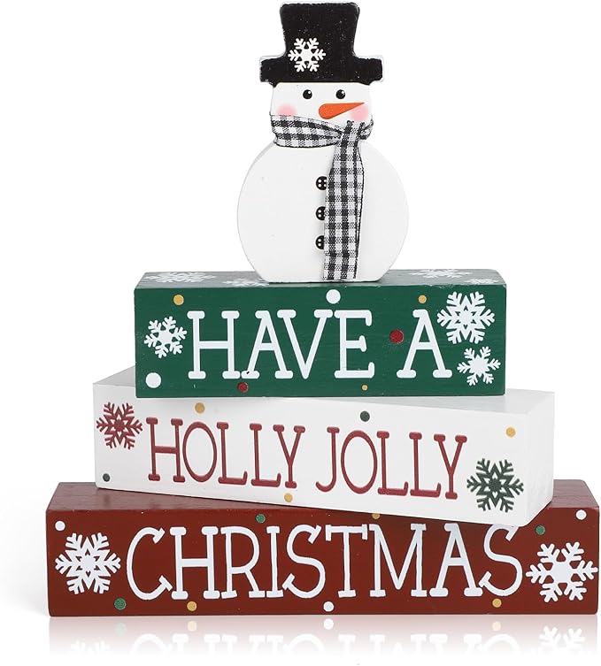 4 Pcs Christmas Decorations Indoor Wooden Snowman Table Sign Decor Table Centerpieces Xmas Merry Christmas Tabletop Block for Holiday Office Desk Tiered Tray Party Shelf Decor Farmhouse Winter