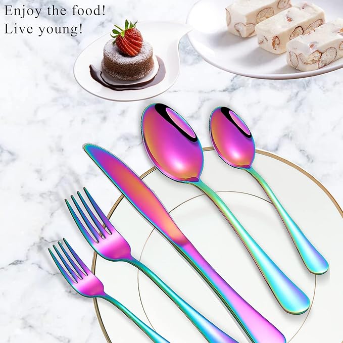Rainbow Spoons and Forks Set, Set of 16 Top Food Grade Stainless Steel Forks and Spoons Silverware Set, Kitchen Accessories Forks (8 Inch) and Spoons (6.69 Inch) Cutlery Set, Mirror Finish