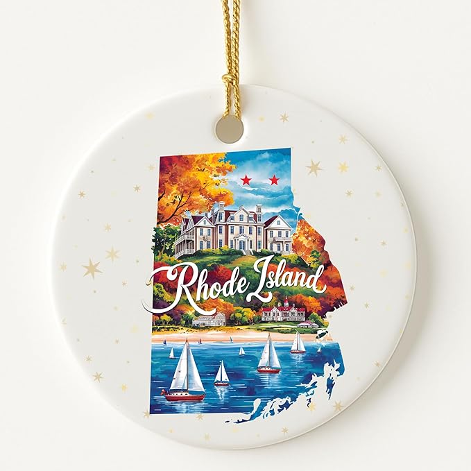 USA State Landmark Ceramic Ornament – Round Glossy Christmas Decoration Featuring U.S. State Art, Landmarks & Holiday Scenery – Collectible Travel Souvenir Ornament Series (Rhode Island)