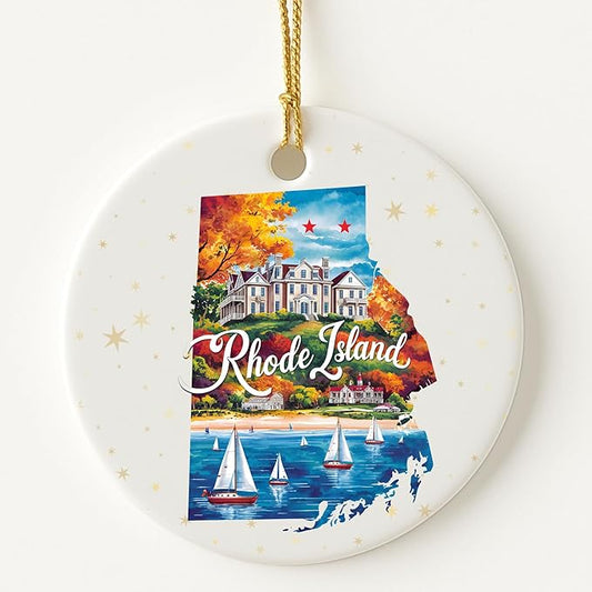 USA State Landmark Ceramic Ornament – Round Glossy Christmas Decoration Featuring U.S. State Art, Landmarks & Holiday Scenery – Collectible Travel Souvenir Ornament Series (Rhode Island)