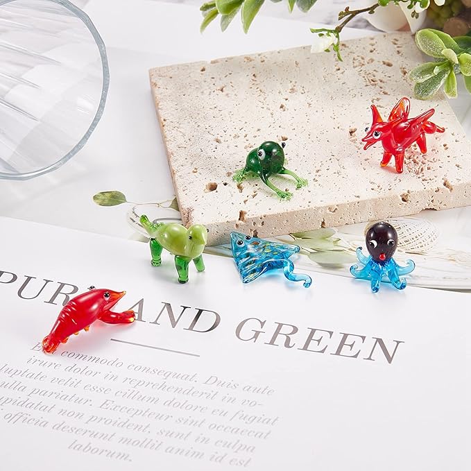 6Pcs Hand Blown Glass Animal Figurines Sea Mini Glass Animal Figurines for Home Desk Garden Collectibles Ornament Art Miniature Decor