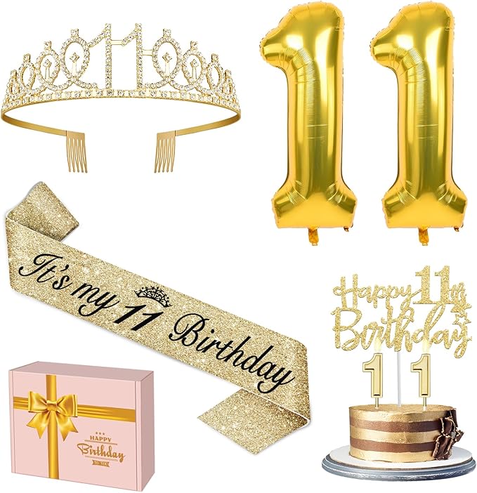 11th Birthday Decorations for Girls Gold with 11th Birthday Sash and Tiara, Candles and Cake Topper, Number Balloons, 11 Year Old Gifts for Girls