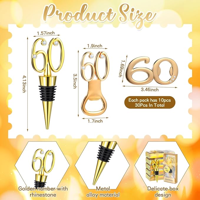 Hushee 30 Pcs 60th Birthday Party Favors for Guests Birthday Bottle Opener Golden Wine Stoppers with Rhinestones for Adults Women Wedding Party Anniversary Souvenirs Keepsakes