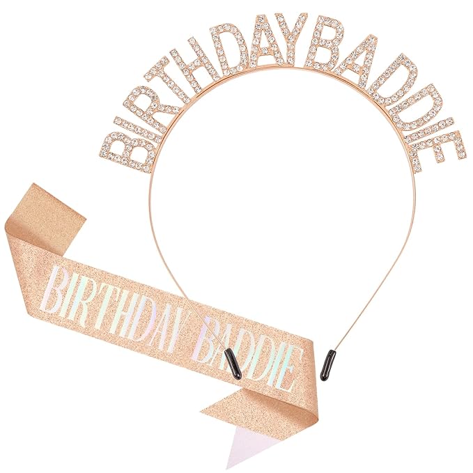 Canitor Birthday Baddie Sash Crown Set Birthday Party Favors Supplies Decorations & Accessories for Women Girl Men Adult Rhinestone Tiara Headband Soft Satin Sash