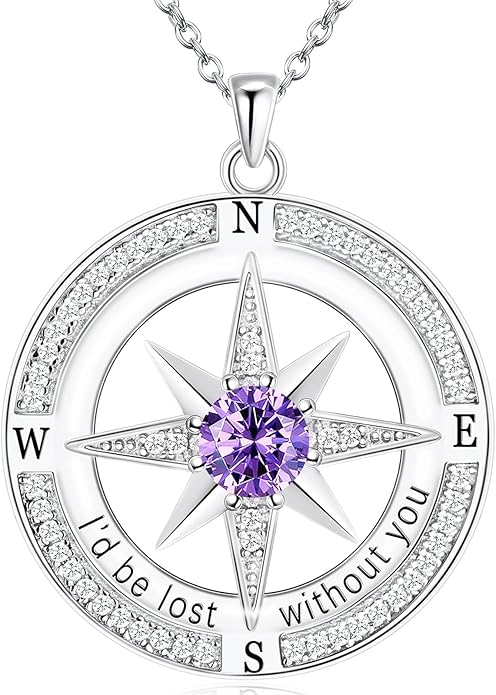 S925 Necklace Birthstone Compass Gift for Women Jewelry Sterling Silver Necklace for Wife Wedding Anniversary Girlfriend Birthday Gifts for Her Valentines Day Mom Mothers Day