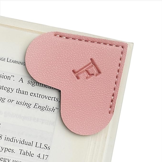 MOTEERLLU Personalized Leather Heart Bookmark with Initial, Cute Letters Custom Corner Book Mark for Reading Women, Teacher, Student, Book Lovers Gifts & Accessories(Pink, F)