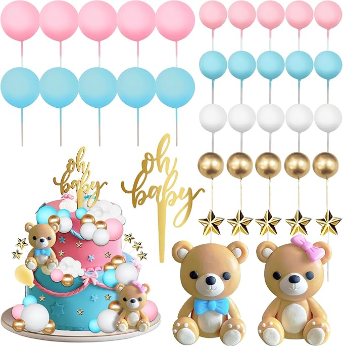 38 Pieces Bear Cake Topper Decorations Set- Oh Baby Cake Topper，Stars，Pearl Balls Cake Decoration for Gender Reveal party Baby Shower Supplies, He or She Gender Reveal Party（blue and pink）