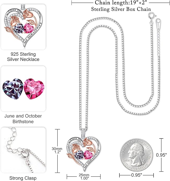 Iefil Valentines Day Gifts for Her - 925 Sterling Silver Rose Heart Birthstone Necklace Birthday Anniversary Jewelry Gifts for Her Wife Mom Daughter