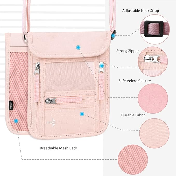 WALNEW Passport Holder Neck Pouch Travel Wallet for Women and Men, RFID Blocking Security Slim Traveling Wallet with Around Neck Lanyard Strap