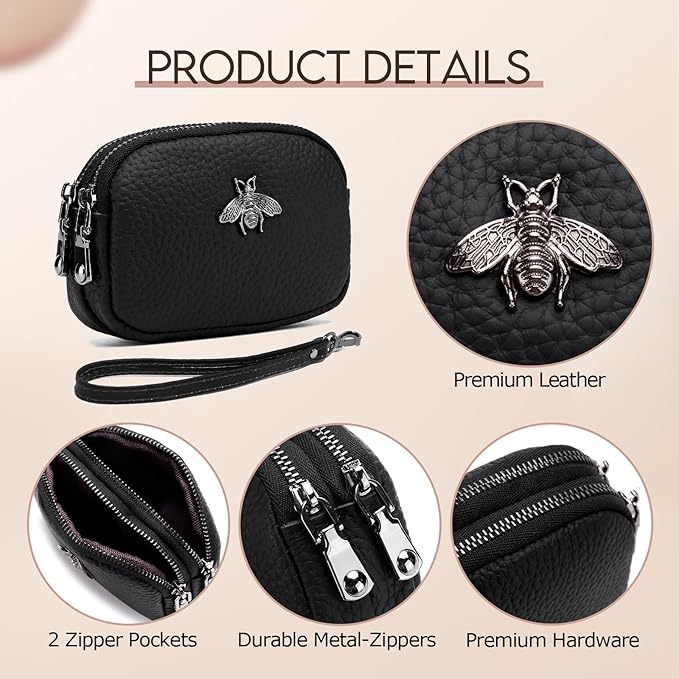 imeetu Women Leather Coin Purse, Small 2 Zippered Change Pouch Wallet