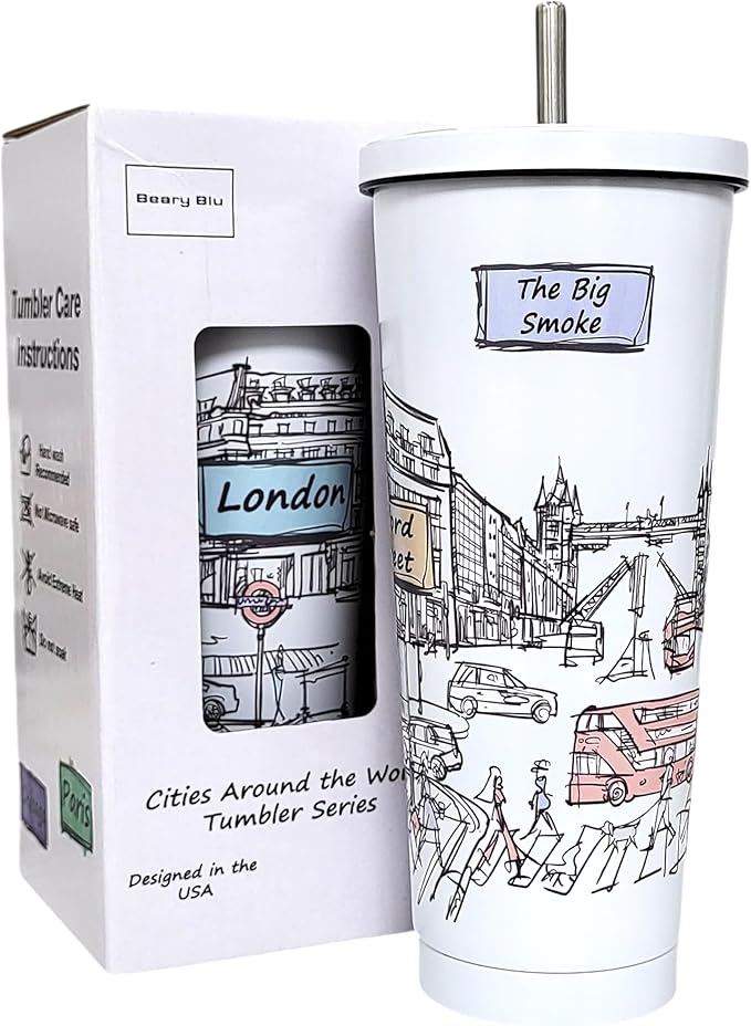 Cities Around the World 25 Oz Tumbler Series - Designed in the USA - Vacuum Insulated Tumbler with Lids & Straw - Stainless Steel Coffee Water Travel Mug, for Hot Cold Drink (London)