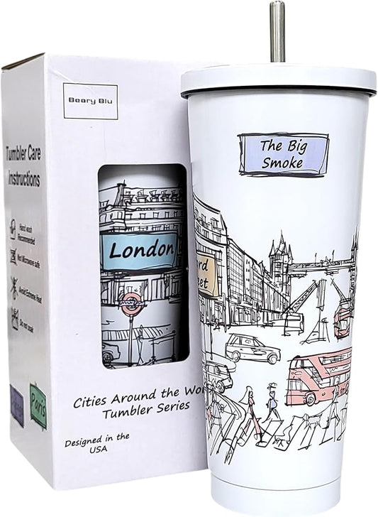 Cities Around the World 25 Oz Tumbler Series - Designed in the USA - Vacuum Insulated Tumbler with Lids & Straw - Stainless Steel Coffee Water Travel Mug, for Hot Cold Drink (London)