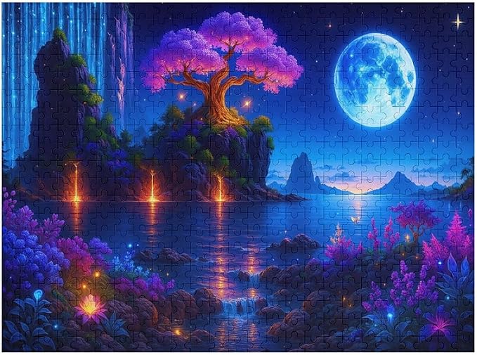 Meteor Shower and Moonlit Night 1000-Piece Wooden Jigsaw Puzzle, Starry Sky Puzzle, Night Landscape Scene, Relaxing Indoor Activity, Family Entertainment, Mindful Leisure Fun