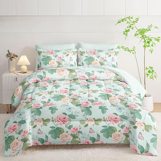 7Pcs Comforter Set Butterfly Flowers Green Leaves Printed Bedding Set with 1 Comforter,1 Flat Sheet,1 Fitted Sheet and 4 Pillowcases for Boys and Girls Bedroom All Season(Queen)