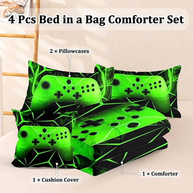 Full Gamer Bedding Sets for Boys Teen, 4 Pcs Full Size Gaming Comforter Set for Boys Full Szie Bedding Set