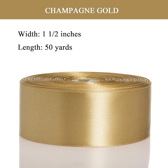 1 1/2 Inch Champaign Gold Solid Satin Ribbon, 50 Yards Craft Fabric Ribbon for Gift Wrapping Floral Bouquets Wedding Party Decoration