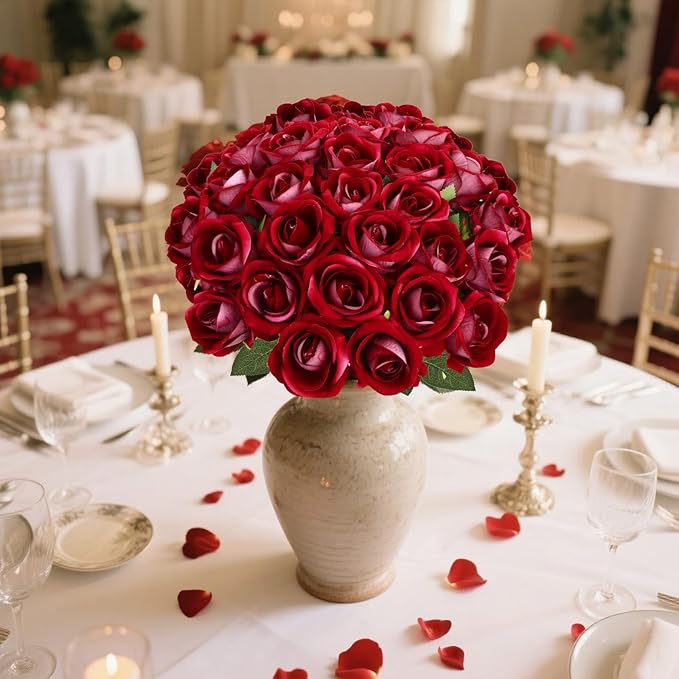 Roses Artificial Flowers, Fake Velvet Silk Roses in Bulk for Home Decor Indoor, Fake Roses Realistic Flowers with Stems for Wedding Centerpiece Party Decor (24, Purplish Red)