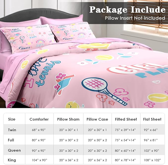 Comforter Set Queen Size, Cute Tennis Pink 7 Pcs Bedding for Kids and Adults, Rainbow Ball Flower Bed Sheet Sets with Fitted Sheet 2 Pillowcases & 2 Shams for Bedroom Bed Decor