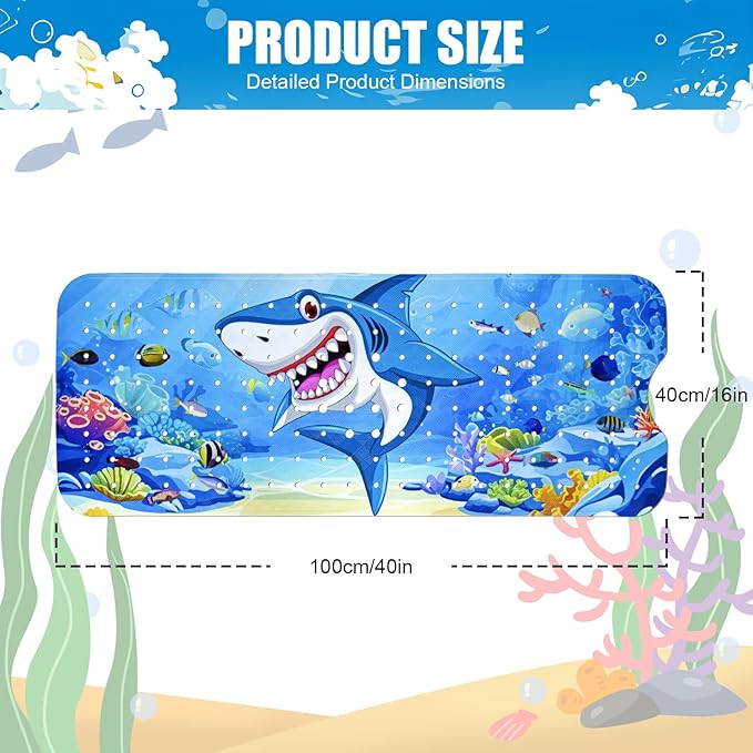 Vanleonet Baby Bath Mat for Tub for Kids, 40''x16'' Bathtub Mat Non Slip, Toddler Shower Mat Non-Slip for Tub with Suction Cups & Drain Holes, Machine Washable, Shark