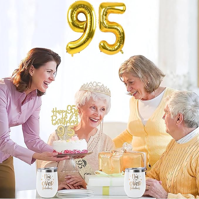 95th Birthday Decorations for Women Gold with 95th Birthday Sash and Tiara, Cake Topper and Candles, Number Balloons, 95 Year Old Gifts for Women