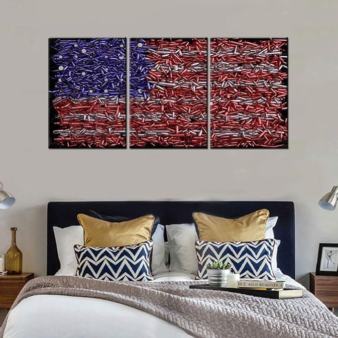 American Flag Wall Decor Bullets USA Flags Red Pictures for Living Room Premium Quality Artwork House Decoration 3 Panel Canvas Patriot Wall Art Framed Ready to Hang Posters and Prints(48''Wx24''H)