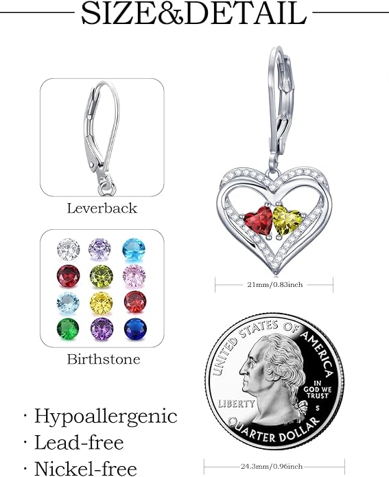 Heart Leverback Earrings Double Birthstone Dangle Earrings for Women, Love Jewelry for Her, Christmas Gifts for Women, Anniversary Birthday Gift for Mom Wife Girlfriend