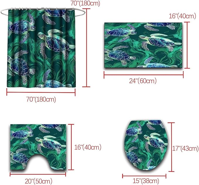 4 Pcs Turtle Shower Curtain - Ocean World Shower Curtain for Bathroom Ocean Shower Curtains Turtle Shower Curtain Set with Rug,Toilet Cover and Bath Mat with 12 Hooks
