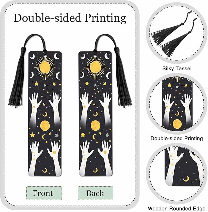 Halloween Bookmarks 5 Pcs with Tassels Bright Stars Moon Hands Mysterious Wooden Bookmarks for Reading Women Students Teacher Reader