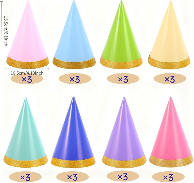 24-Pack Pre-Assembled Party Hats for Stuffed Animals, Birthday Hats for Adults, Happy Birthday Headwear Party Decorations