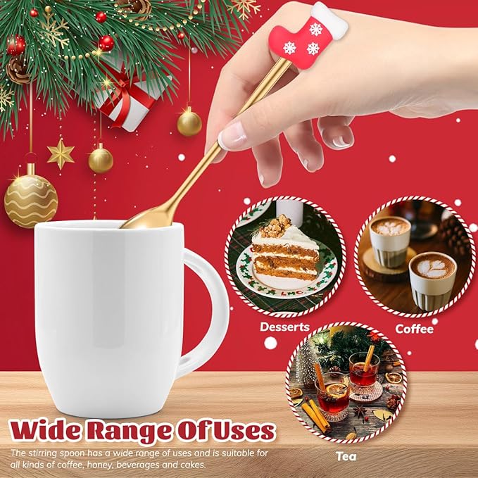 Cabilock 6Pcs Christmas Coffee Spoons, Stainless Steel Stirring Spoons for Tea Coffee Ice Cream Dessert, Gold Decorative Christmas Teaspoon for Xmas Holiday Party Favors