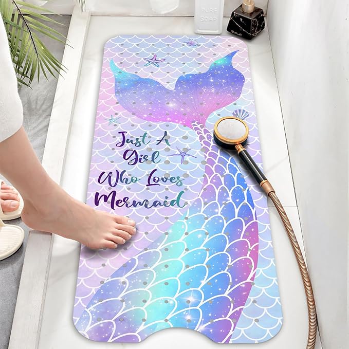 Bathtub Mat Non Slip, Mermaid Extra Long Bath tub Mat Shower Floor Mat with Suction Cups and Drain Holes for Adults Kids Elderly 40 X 16 Inch