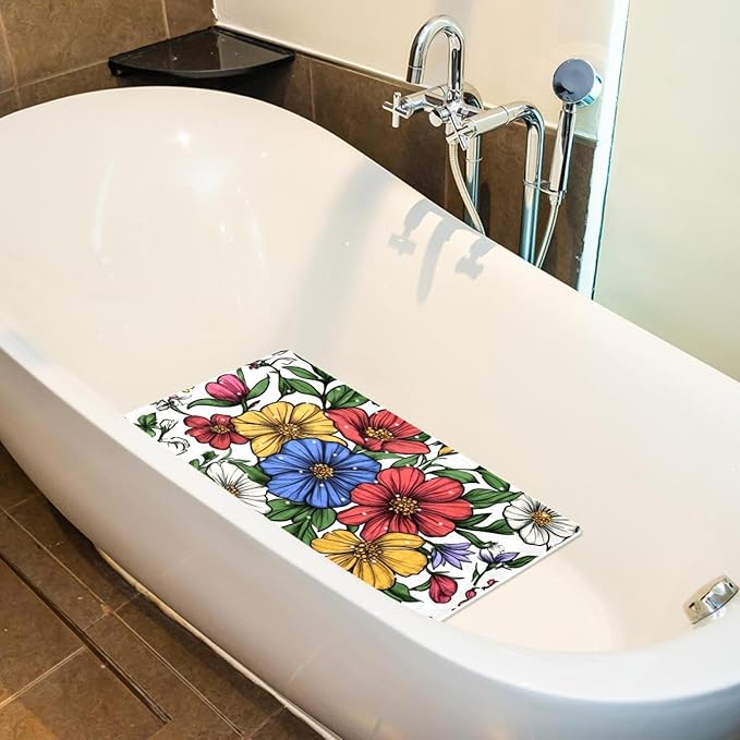 Spring Garden Flowers Leaves and Wild Flowers Bath Tub and Shower Mats, Non Slip Bathmat with Drain Holes and Suction Cups for Bathroom Floor, 15.1 x 26.8 Inch