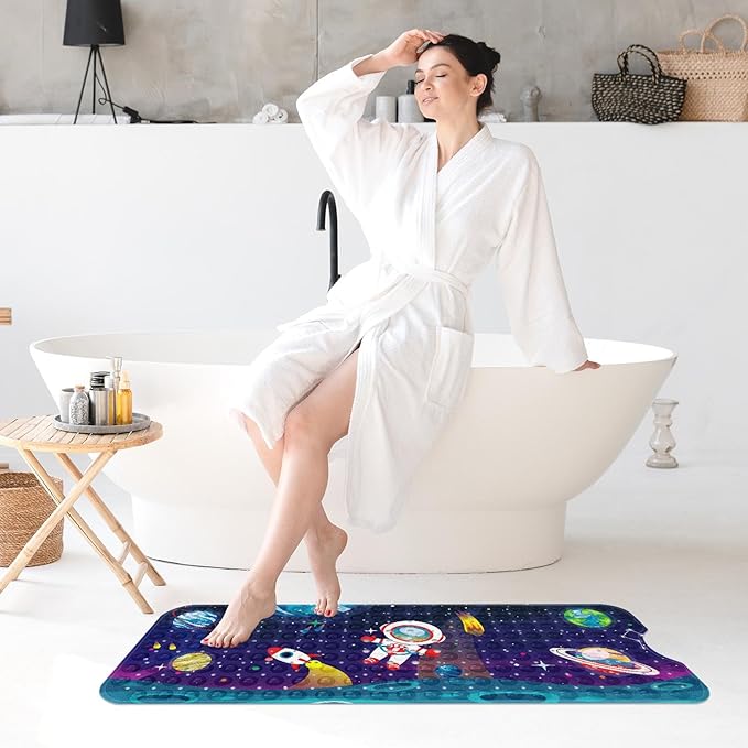 Baby Bath Mat for Tub for Kids, Space Astronaut Sun Moon 40 X 16 Inch Extra Long Toddler Bathtub Non Slip Earth World Shower Mat for Tub Anti Slip with Suction Cups and Drain Holes