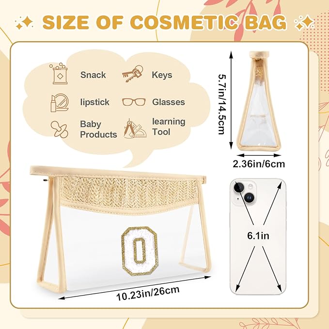 Personalized Initial Letter Bag Boho Straw Clear Makeup Bag,Small Cute Chenille Varsity Letter Pouch With Zipper,Beach Travel Toiletry,Portable Monogrammed Cosmetic Bag for Women Girls,O