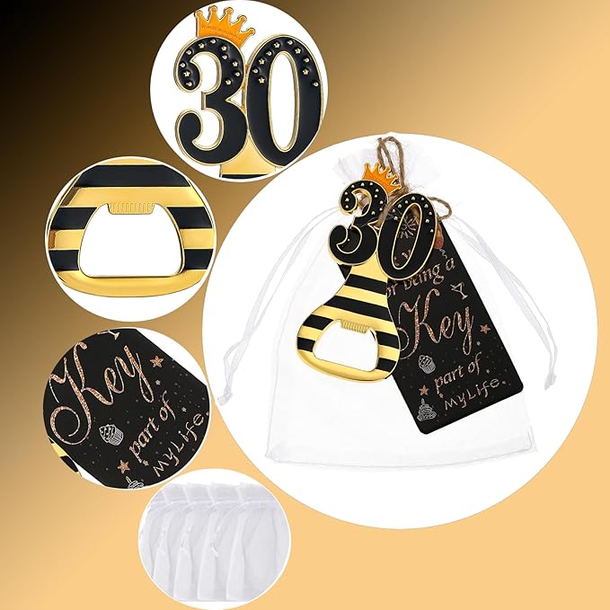 24pcs 30th Gold Keychain Bottle Opener 30th Birthday Party Favors, Keychain Beer Bottle Opener Favors 30 Anniversary Souvenirs Return Gifts for Guests Party Decor Supplies (black 30)