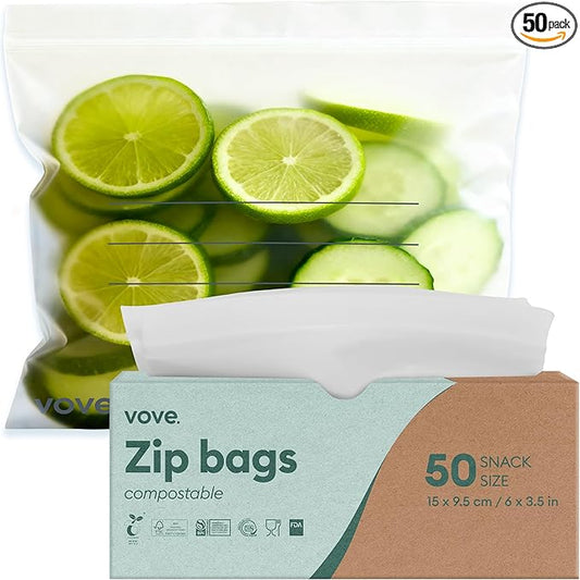 Vove Compostable Snack Bags, Small 50 Count – Freezer Safe, Leak Resistant, Non Toxic, Writable & Reusable Food Storage, Plastic-Free Eco Bags