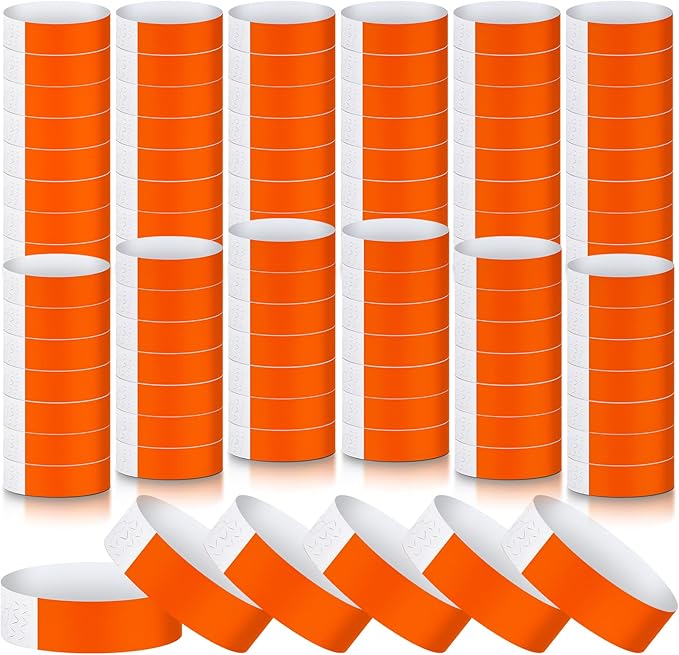 Tudomro 1200 Pack Plastic Paper Wristbands for Events Neon Party Wrist Bands Colored Waterproof Concert Identification Hand Bands Lightweight Adhesive Wristband(Orange)