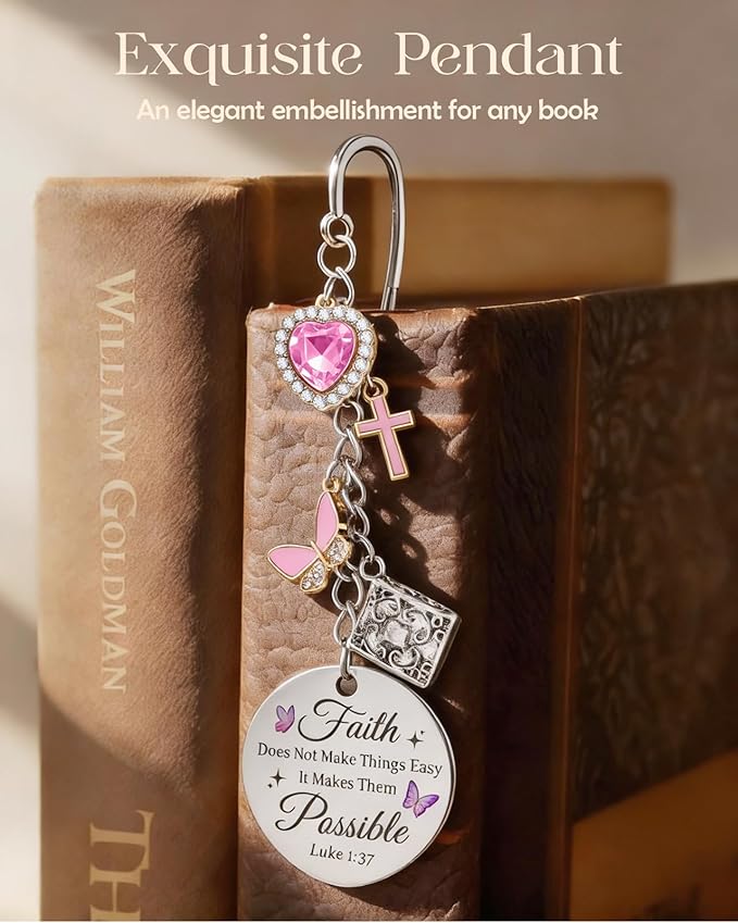 Buleens Bookmarks for Women Reading - Book Marks for Readers Book Lovers, Feather Faith Cross Butterfly Personalized Metal Bookmark with Pendants, Pretty and Aesthetic Book Accessories Reading Gifts