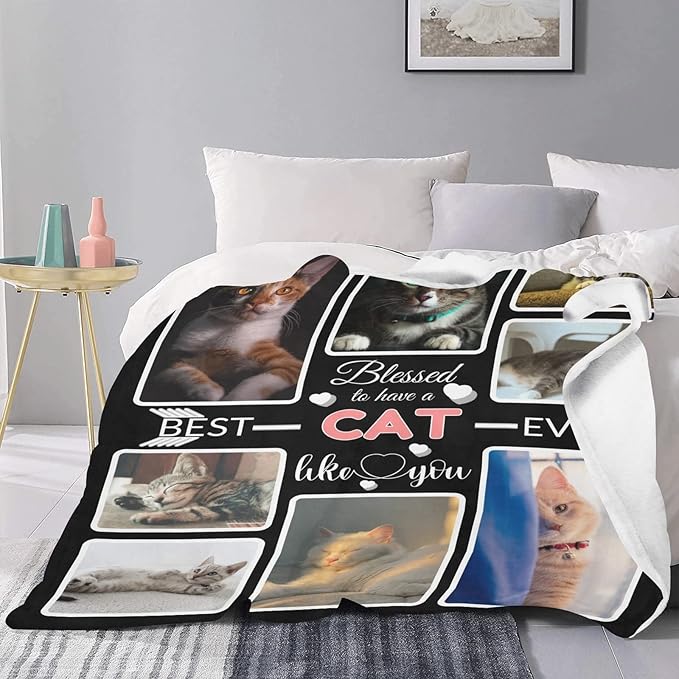 Custom Blanket Gifts for Cat, Customized Blankets with Photos, Make a Personalized Bed Throws to My Cat, Custom Souvenir Throw Blanket for Best Cat Ever, 8 Collages Made in USA