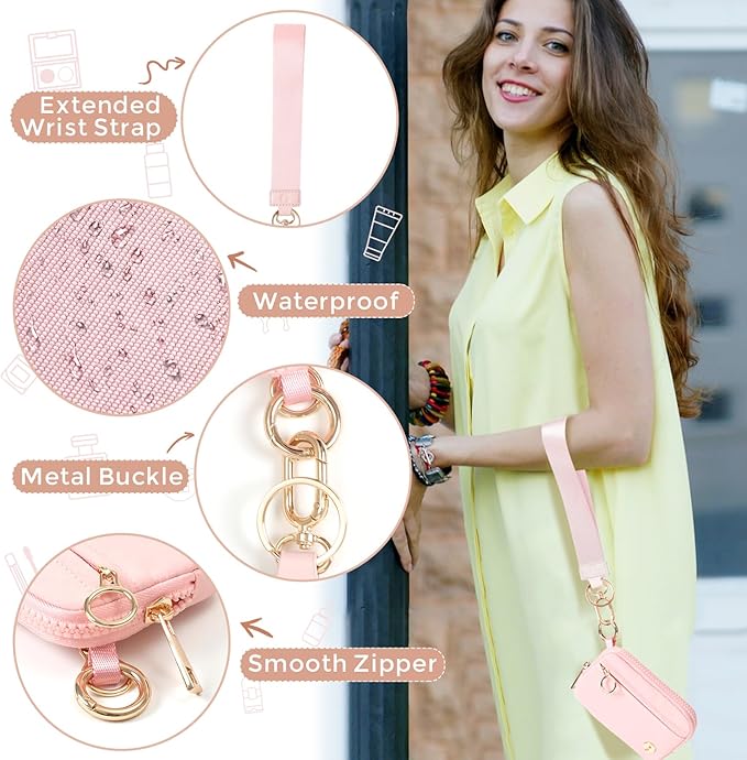 Wristlet Keychain Wallets for Women RFID Blocking Credit Card Holder Small Zipper Coin Purse Change Pouch with ID Window and Detachable Wrist Strap Pink